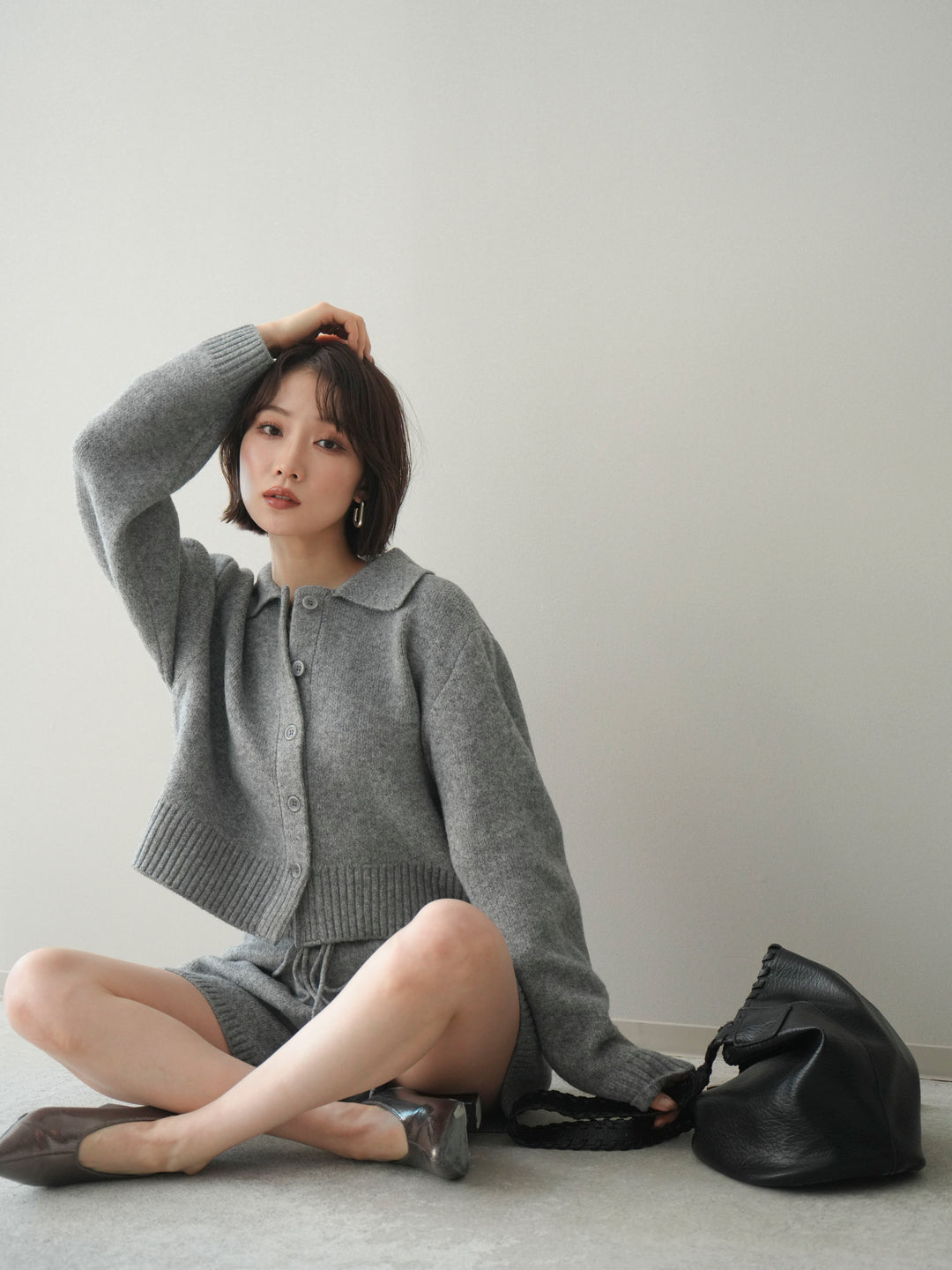 [予約]メランジニット襟付きクロップドカーディガン/gray