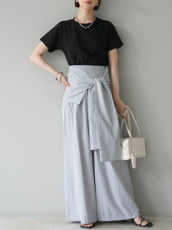 [SET]ビスチェデザインTシャツ+ウエスト巻きストライプイージーパンツ(2set)