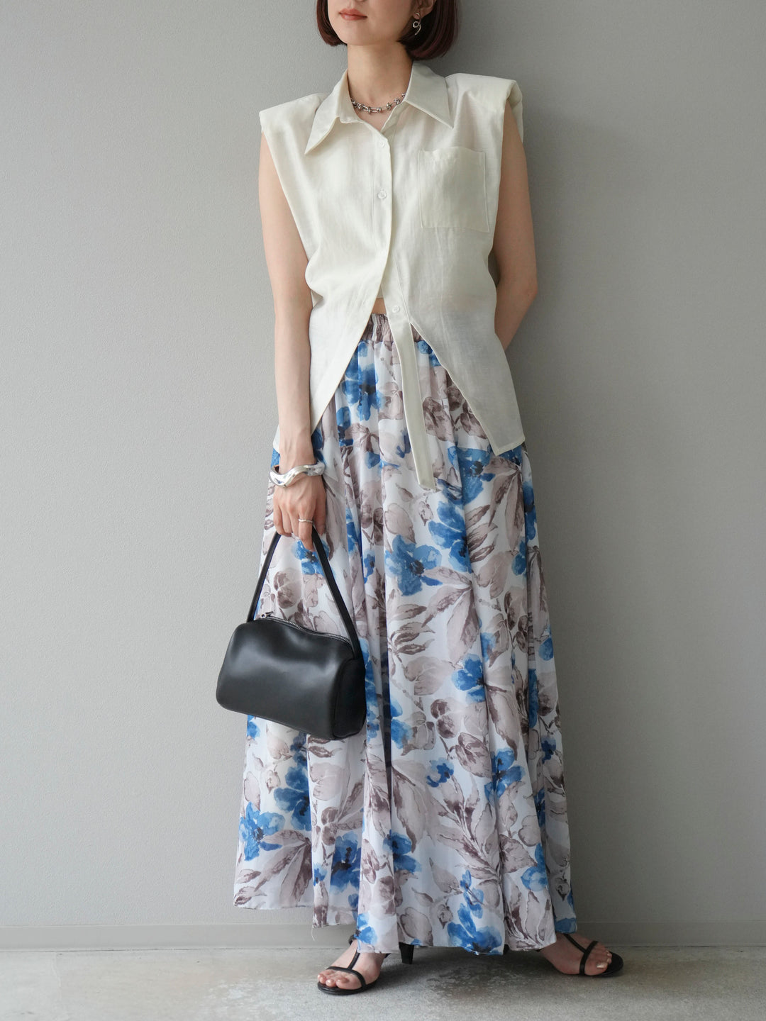 [予約]フラワープリントボリュームフレアスカート/ブルー