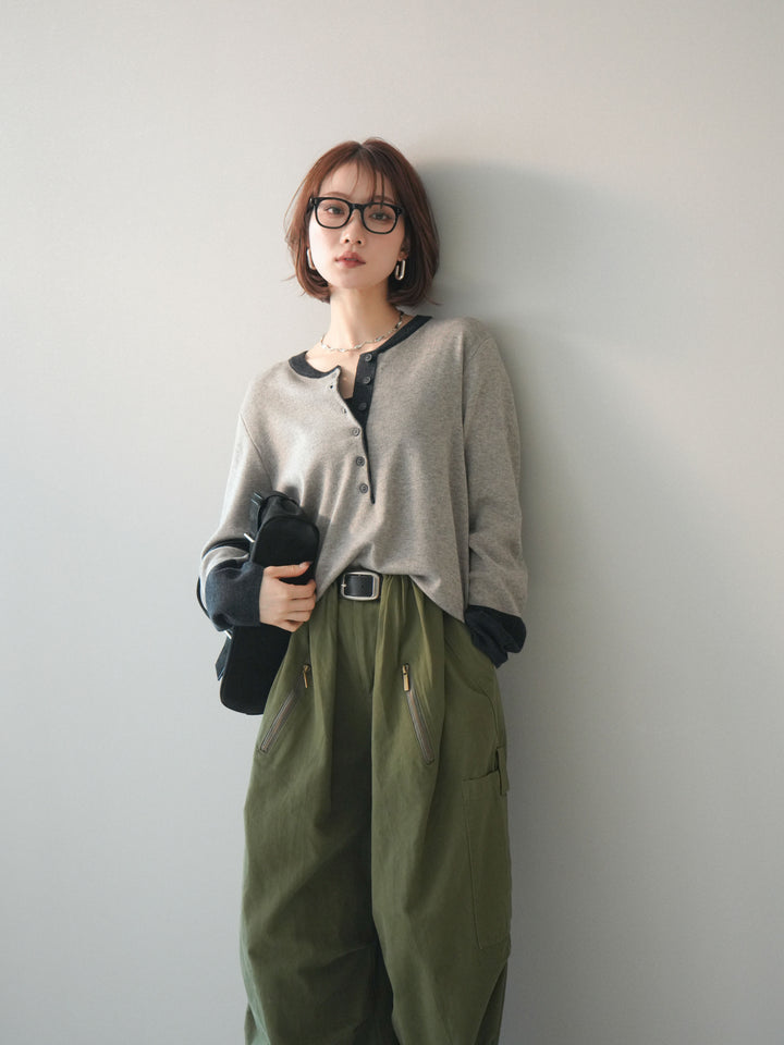 [SET]ヘンリーネック配色ニットソー+選べるアクセセット(2set)