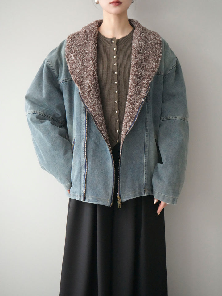 [SET]ミックスボアデニムジャケット+シルバーボタン畦編みニットカーディガン+テープベルトタックバギーパンツ(3set)