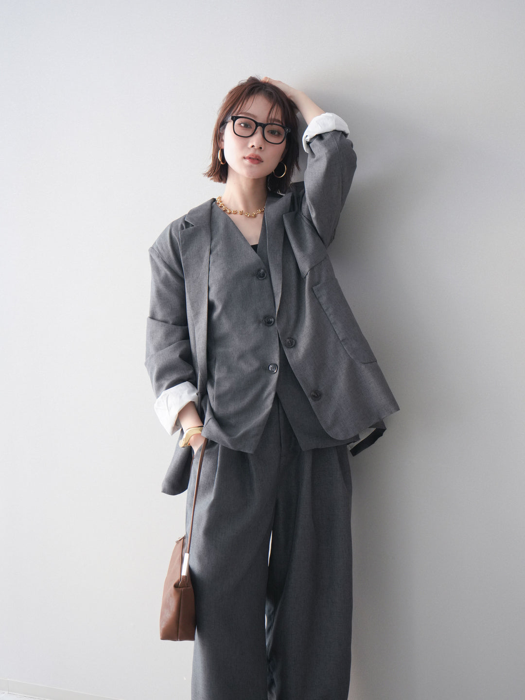 [SET]リネンライクテーラードジャケット+リネンライクバックオープンジレ+リネンライクタックワイドパンツ(3set)