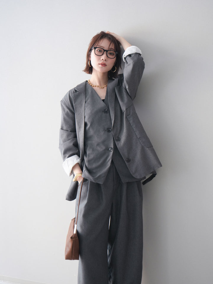 [SET]リネンライクテーラードジャケット+リネンライクバックオープンジレ+リネンライクタックワイドパンツ(3set)