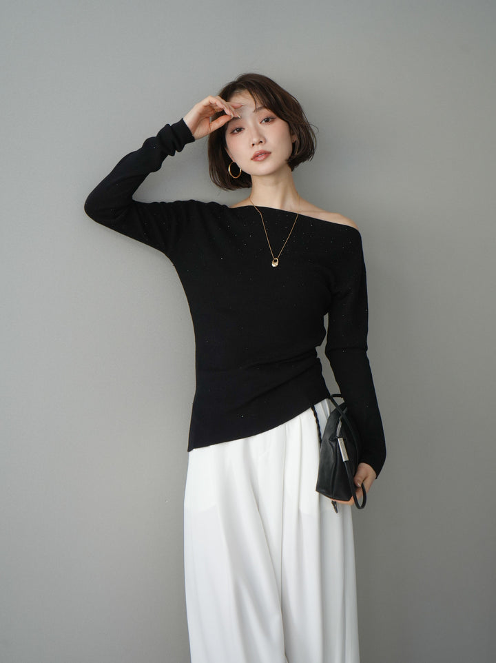 [予約]ラインストーンアシンメトリーニットトップス/black