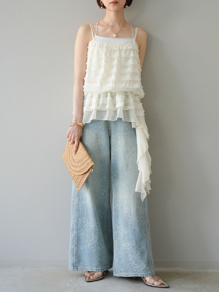 【預購】花提花牛仔寬褲/藍