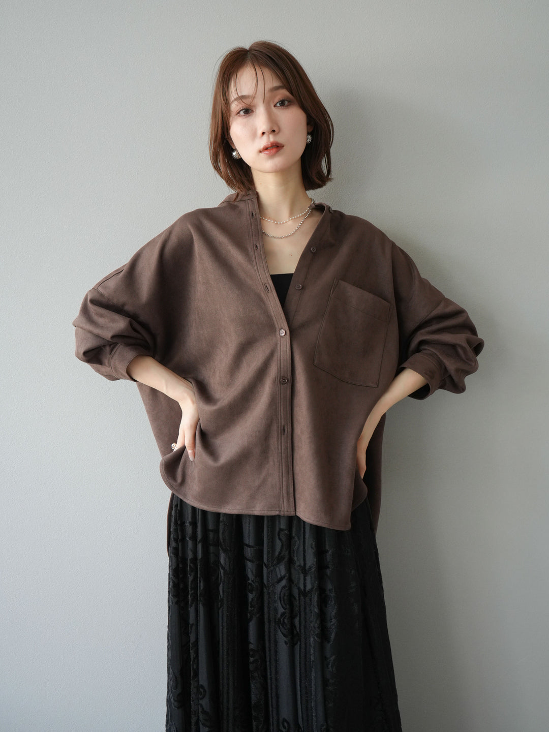 [予約]スエードバンドカラーオーバーシャツ/ダークブラウン