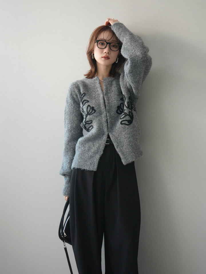 [予約]テープ刺繍ホック開きブークレニットカーディガン/mokugray