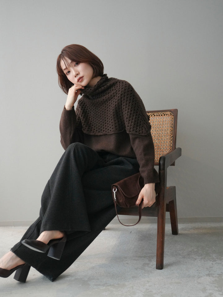 [予約]メッシュケープアンサンブルニットプルオーバー/brown