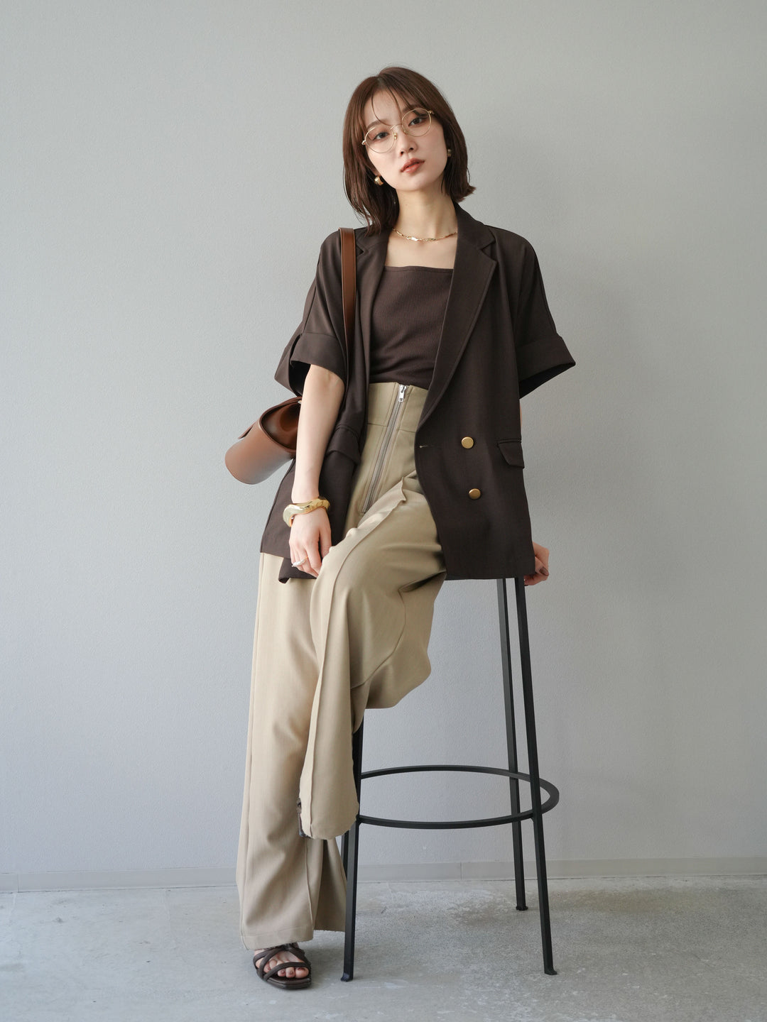 [予約]ゴールドボタンハーフジャケット/ブラウン