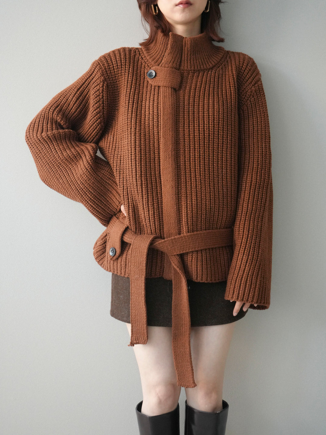 [予約]畦編みボトルネックZIPニットカーディガン/brown