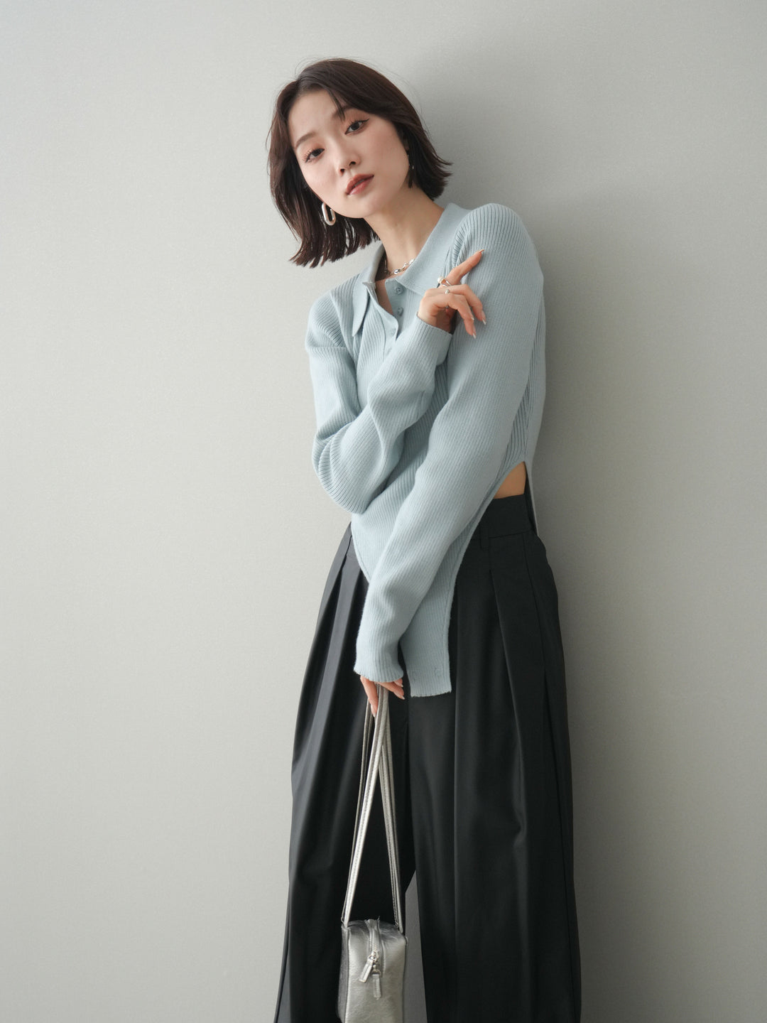 [予約]リブポロニットボディスーツ/blue