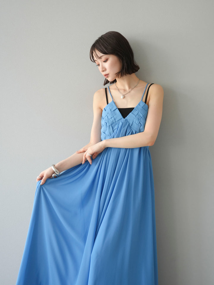 [SET]編み込みデザインシフォンワンピース+カップ付テレコリブベアキャミソール(2set)