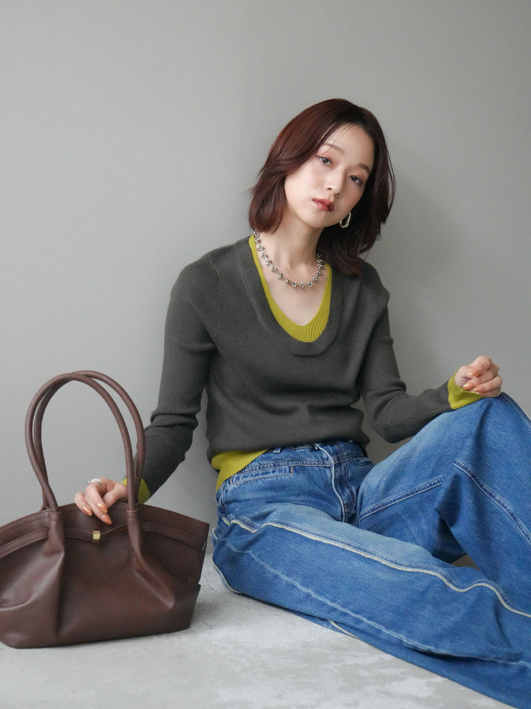 [SET]Uネック配色レイヤードリブニットトップス+サイドフリンジワイドデニムパンツ(2set)