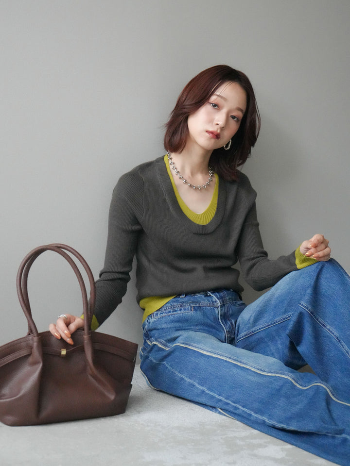 [SET]Uネック配色レイヤードリブニットトップス+サイドフリンジワイドデニムパンツ(2set)