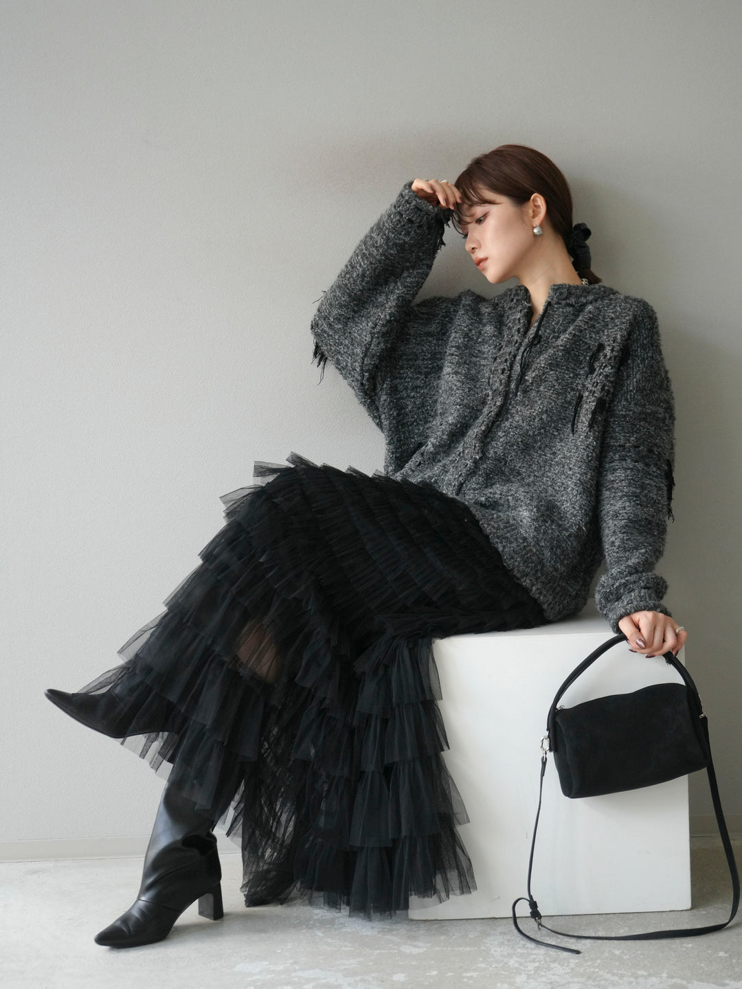 [予約]ハンドステッチデザインニットカーディガン/ブラック