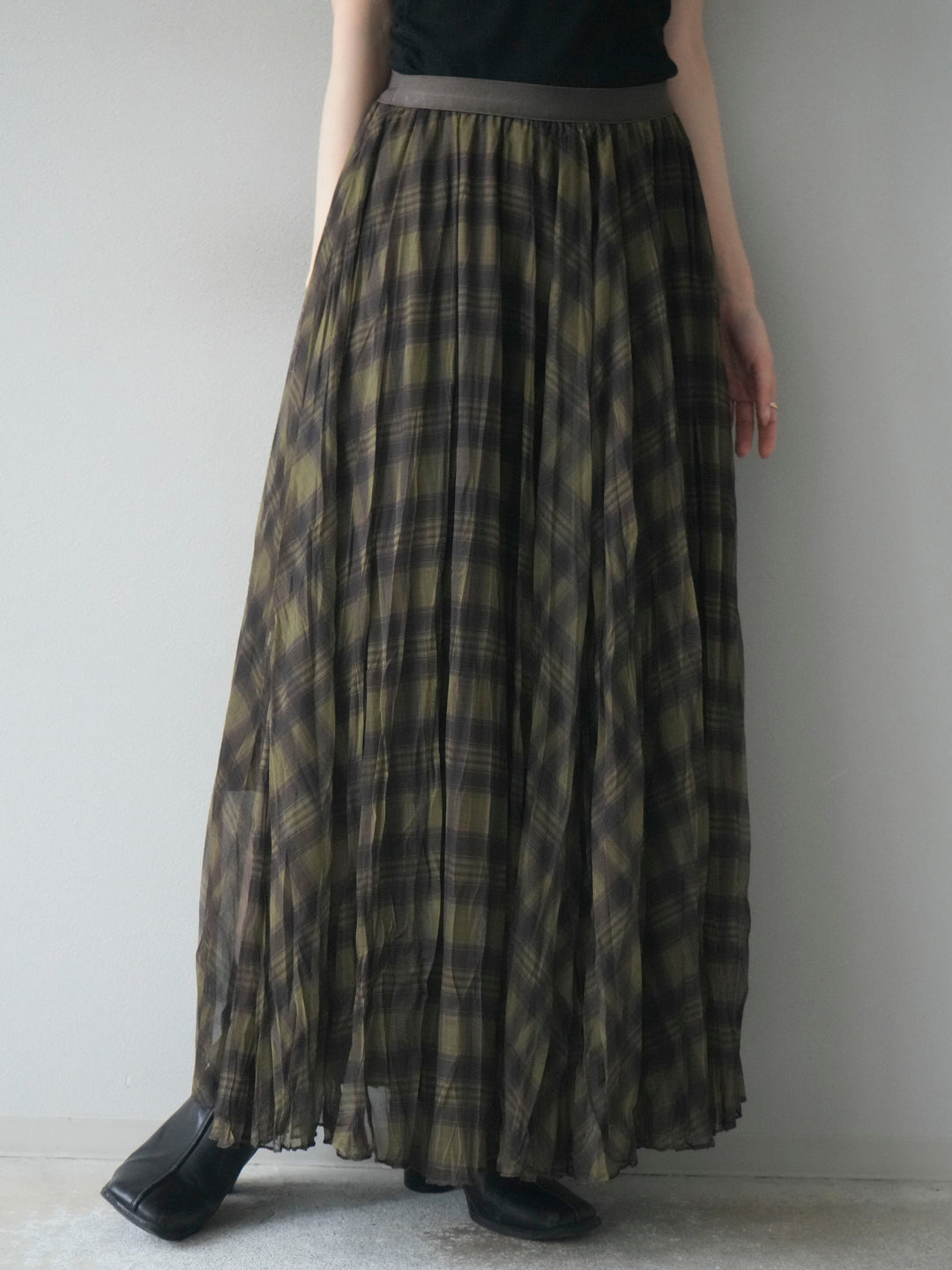 [予約]チェック柄ワッシャープリーツスカート/green