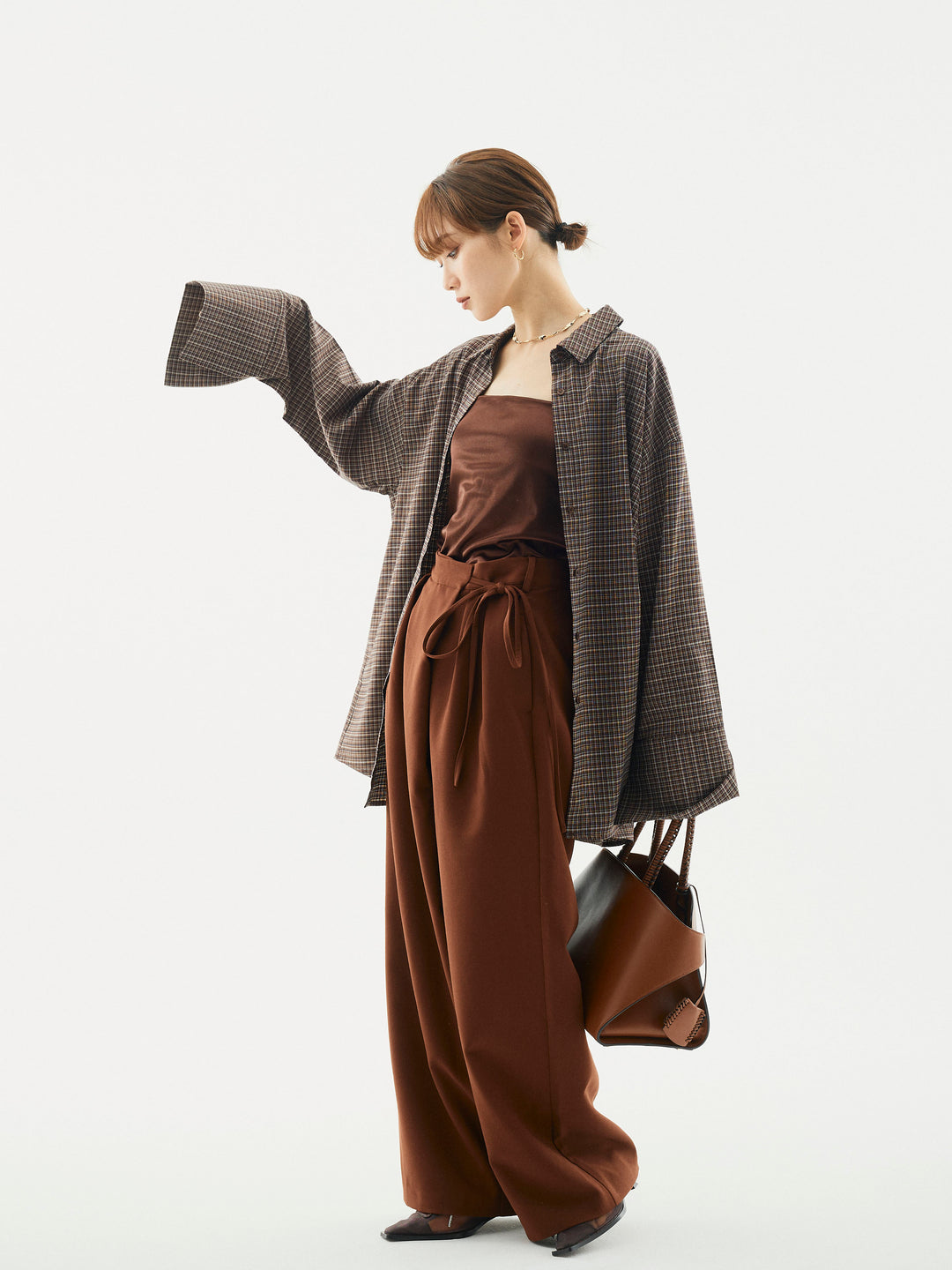 【Allure】[SET]チェックBIGカフスオーバーシャツ+ラップデザインタックワイドパンツ(2set)