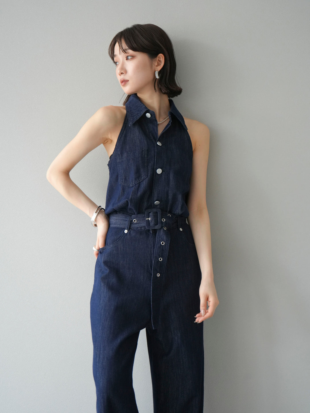 【預購】翻領牛仔連身衣/深藍色