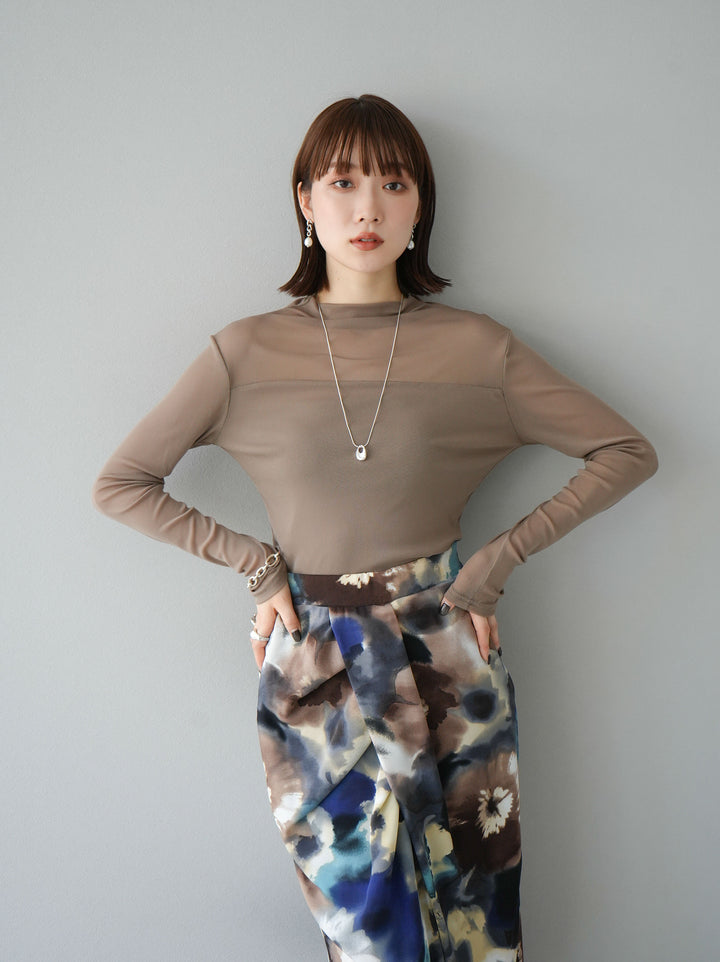 [SET]シアー切替ストレッチ長袖トップス+シアー切替ストレッチトップス(2set)