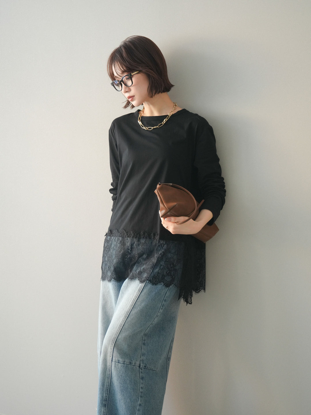 [SET]裾レースロングスリーブTシャツ+選べるアクセセット(2set)