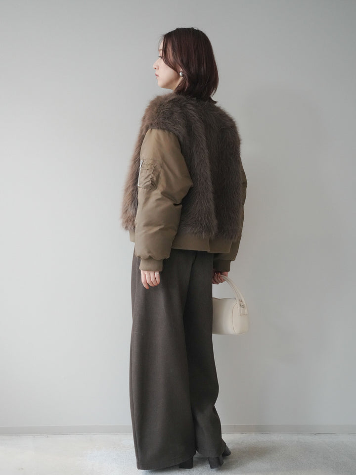 [SET]ファードッキングMA-1+袖ボタンボトルネックリブニットトップス+アニマル柄ベルト付きウールタッチワイドパンツ(3set)