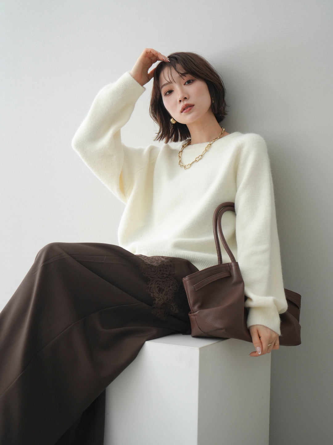 [予約]クルーネックモチモチニットプルオーバー/white