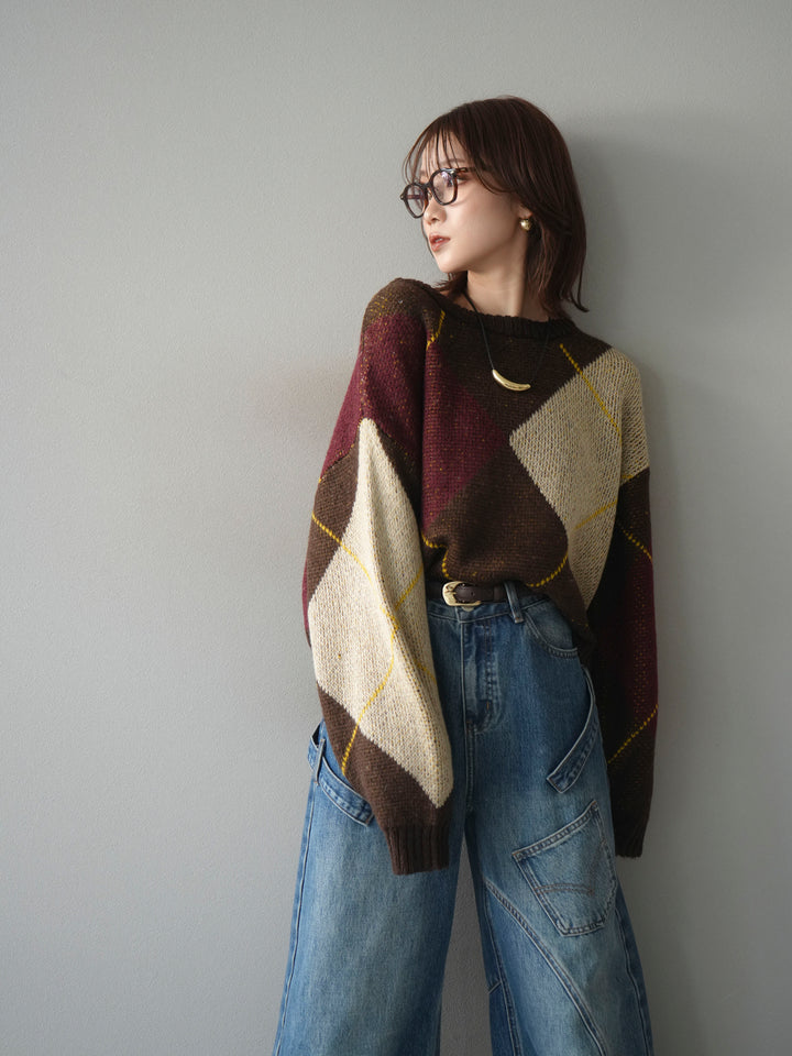 [予約]配色ステッチアーガイル柄ニットプルオーバー/brown