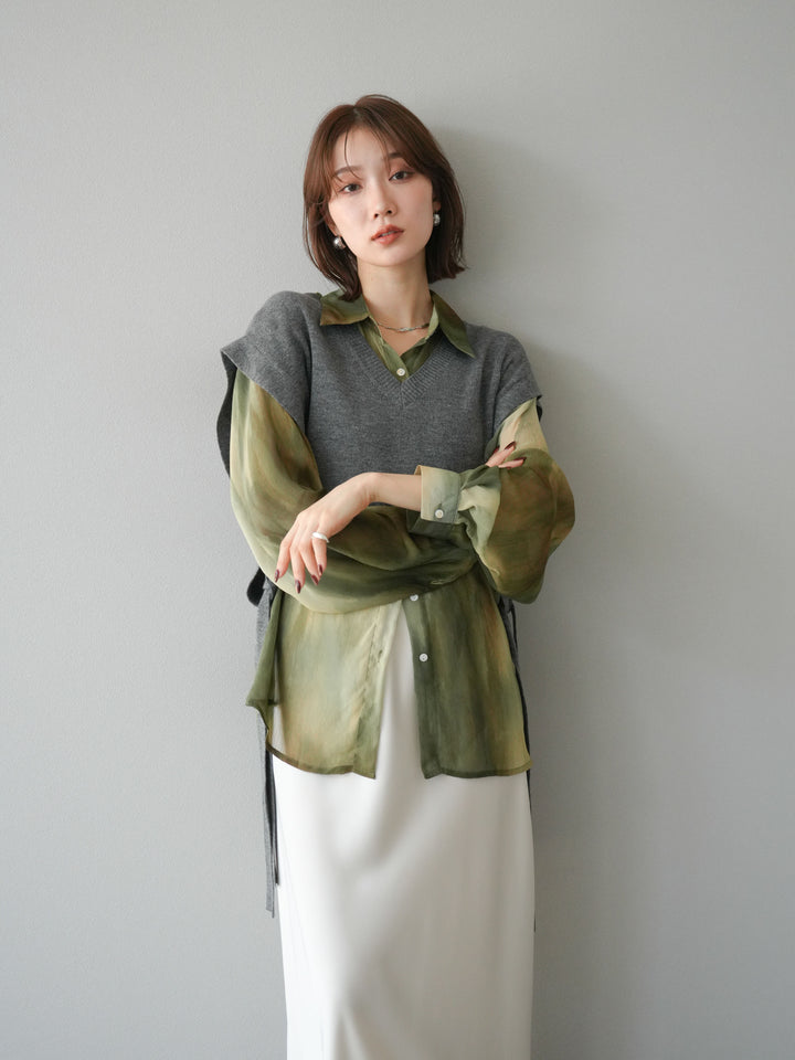 [予約]サイドリボンVネックショートニットベスト/チャコール