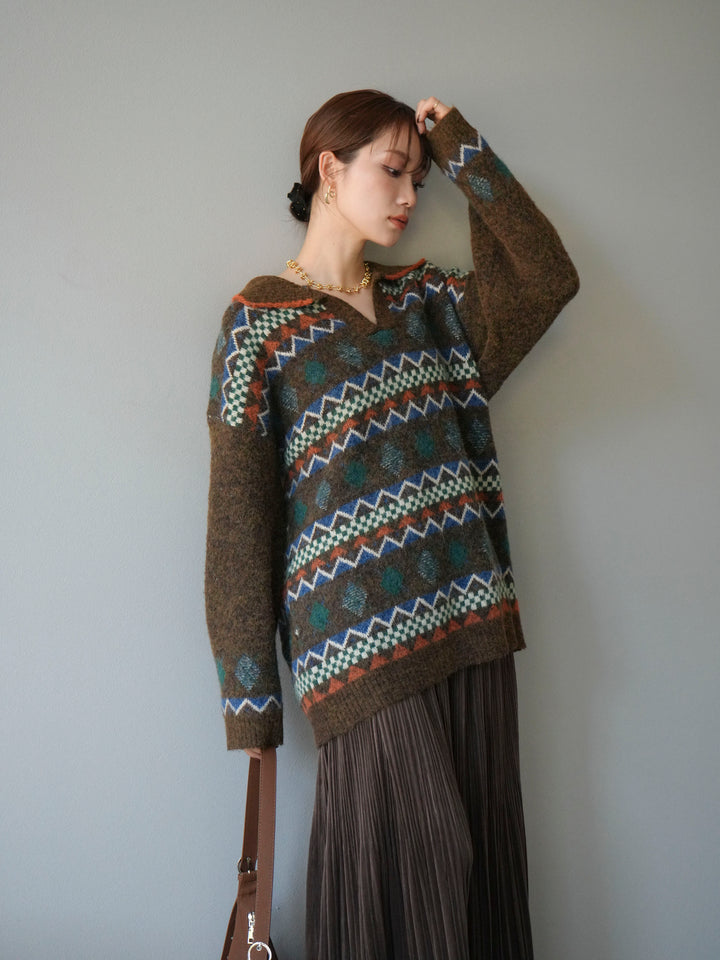 [予約]ノルディック柄ポロニットプルオーバー/ブラウン