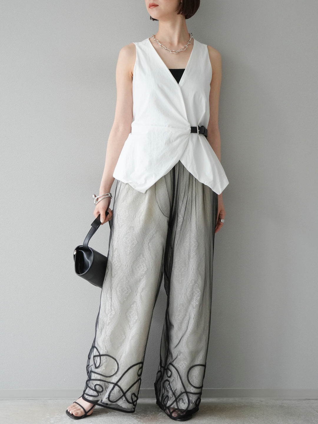 [予約]ベルトデザインバルーンブラウス/ホワイト