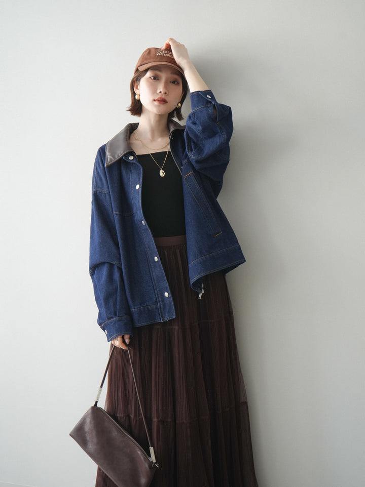 [SET]配色襟レザーデニムブルゾン+ラメプリーツレイヤードチュールロングスカート(2set)