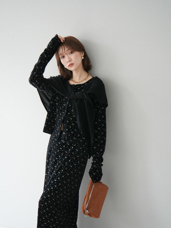 [予約]ベロアフラワープリントカーディガン/ブラックxイエロー