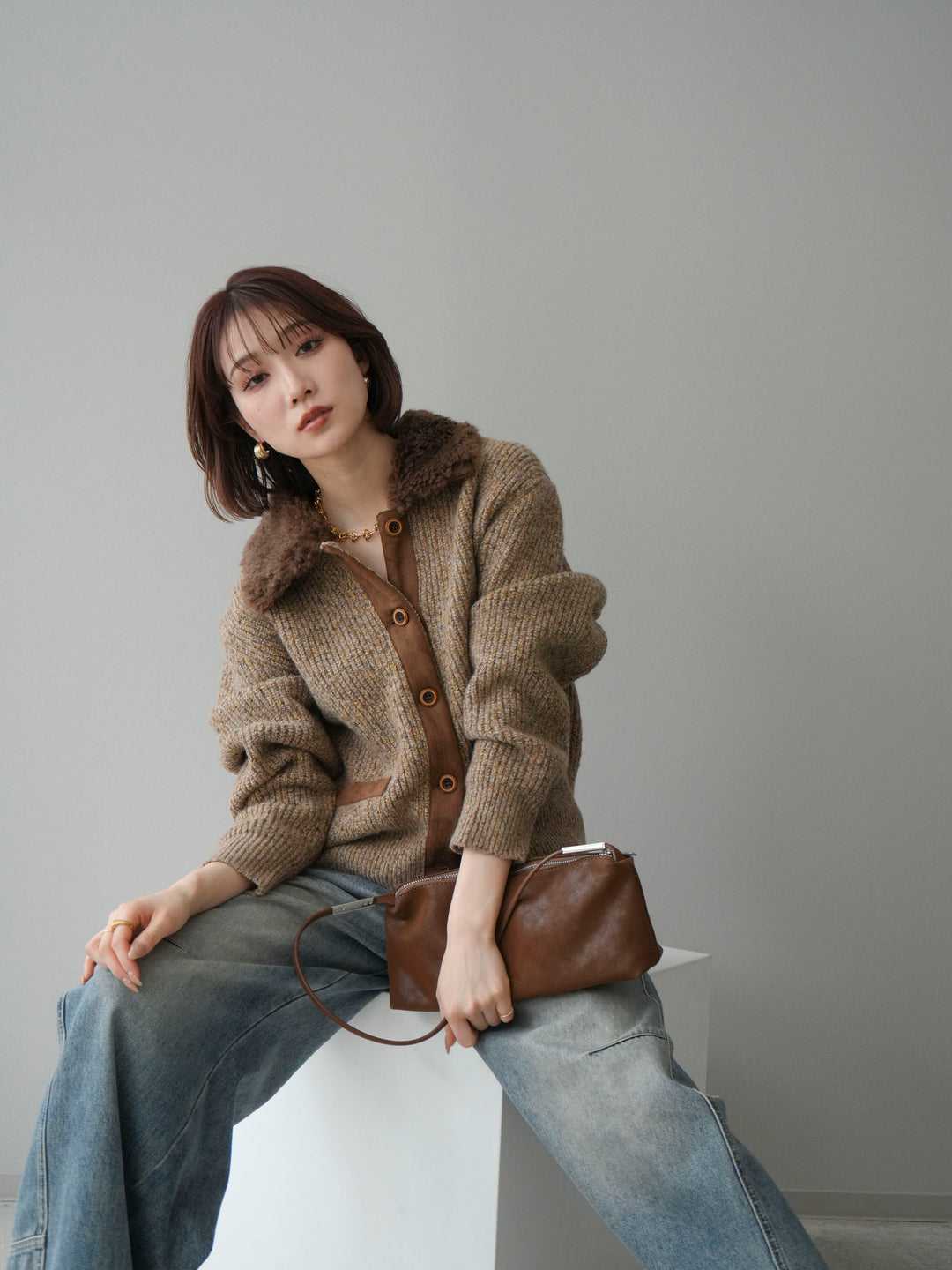 [予約]襟ボアミックスヤーンニットカーディガン/brown