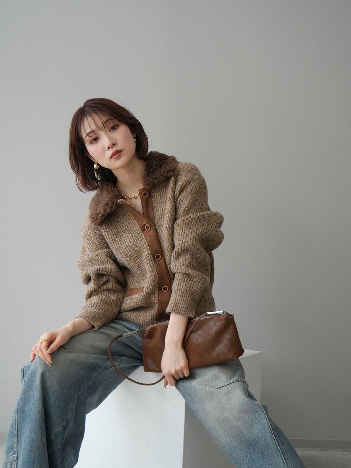 [予約]襟ボアミックスヤーンニットカーディガン/brown