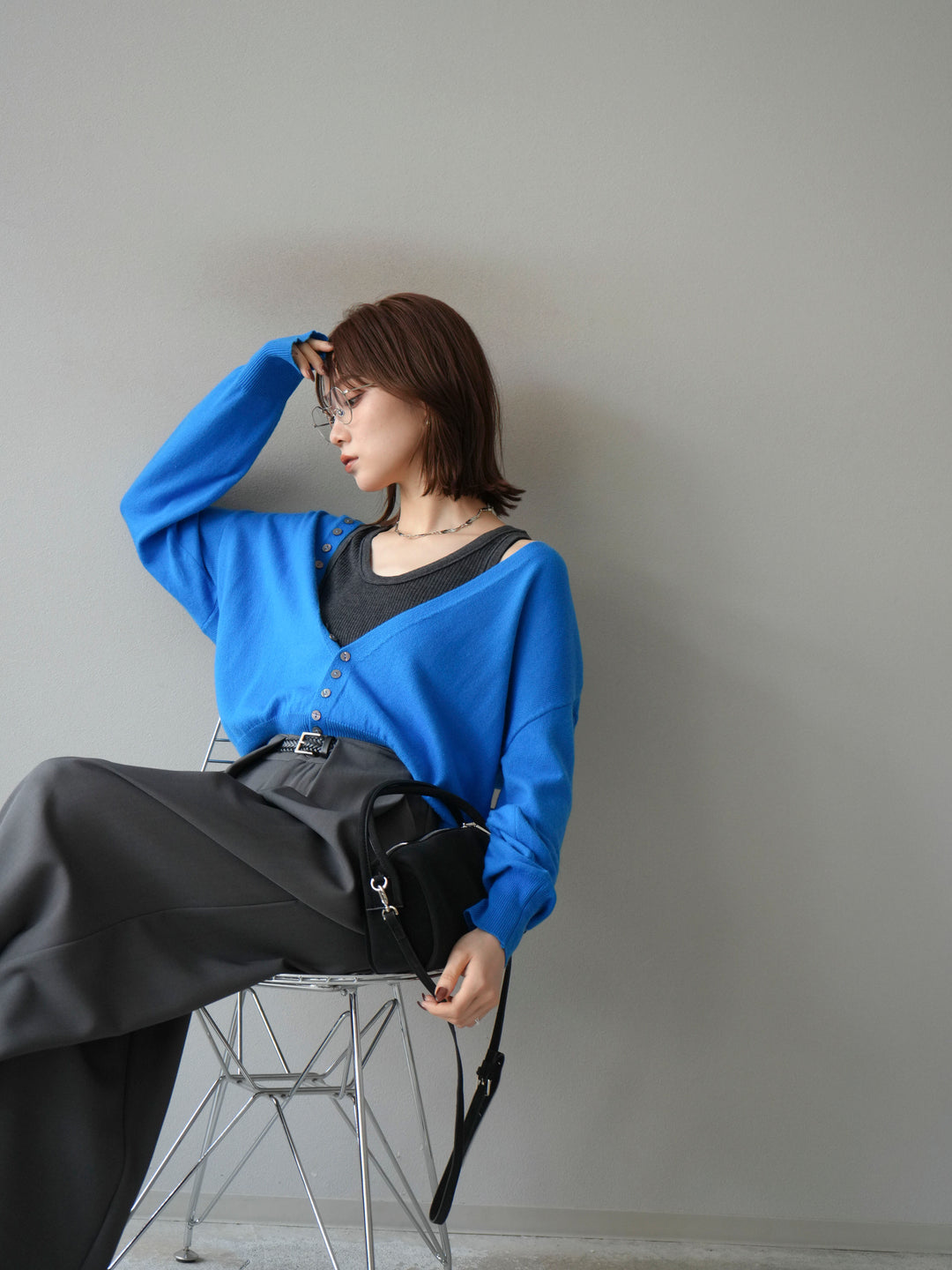 [SET]デザインボタンニットカーディガン＆タンクトップSET+ベルトループデザインワイドパンツ(2set)