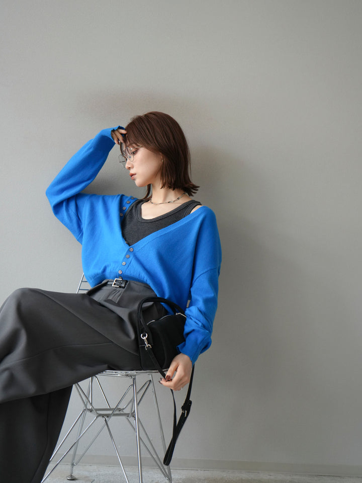 [SET]デザインボタンニットカーディガン＆タンクトップSET+ベルトループデザインワイドパンツ(2set)