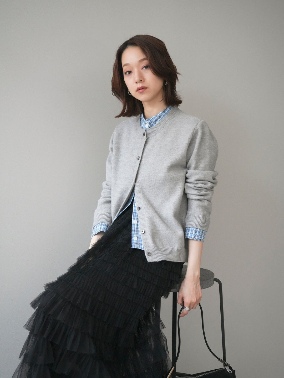 [予約]チェックシャツレイヤードデザインニットカーディガン/gray