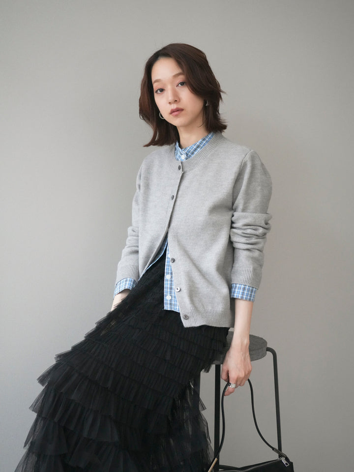 [予約]チェックシャツレイヤードデザインニットカーディガン/gray