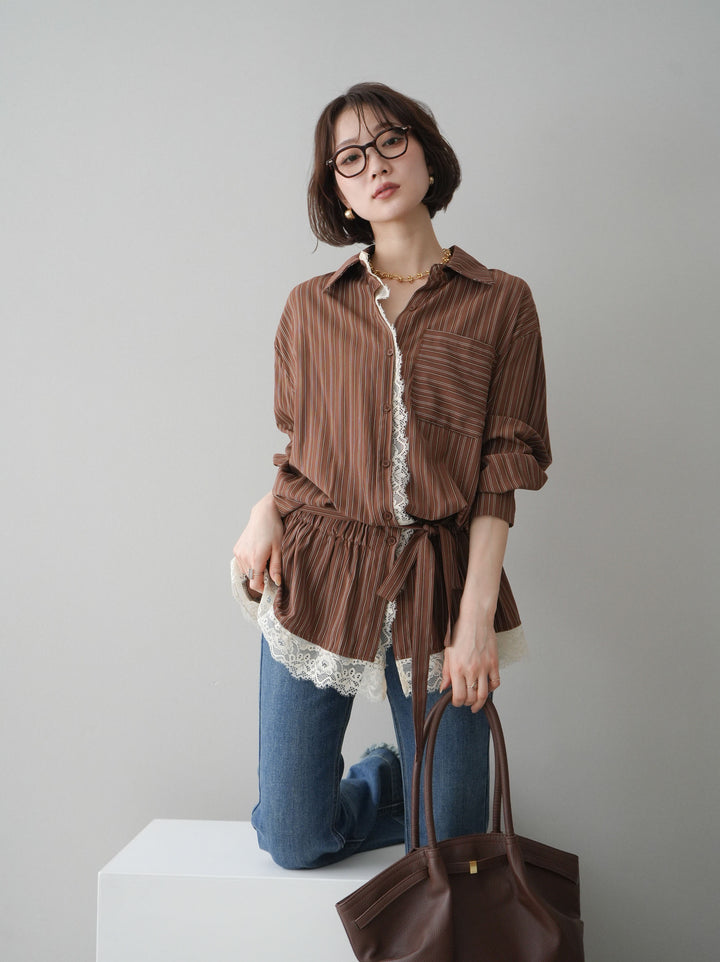 [SET]レース付ストライプウエストギャザーシャツ+フリンジデザインセミフレアデニム(2set)