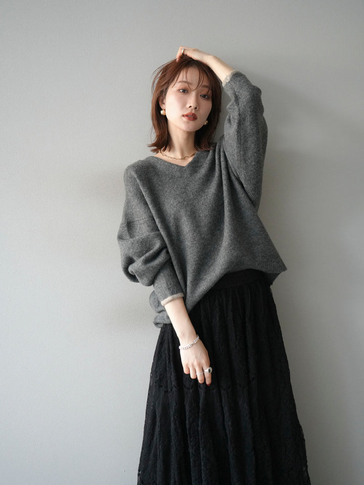 [SET]Vネック配色スリーブニットプルオーバー+選べるアクセセット(2set)