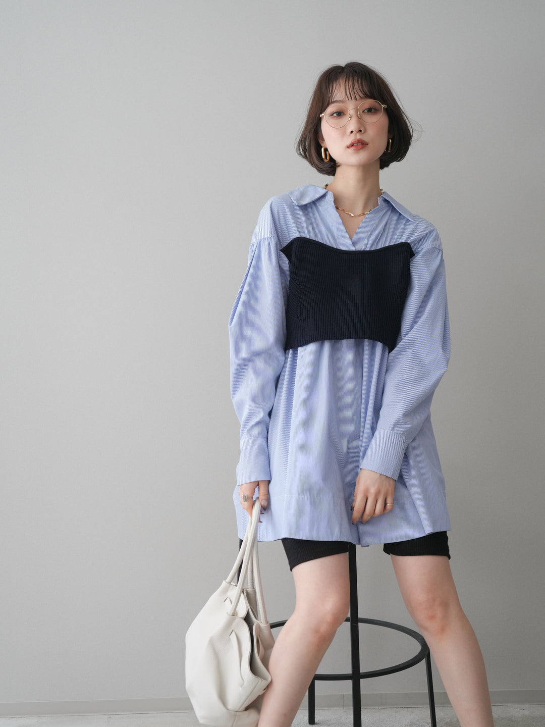 [予約]ニットビスチェドッキングフレアシャツチュニック/stripe