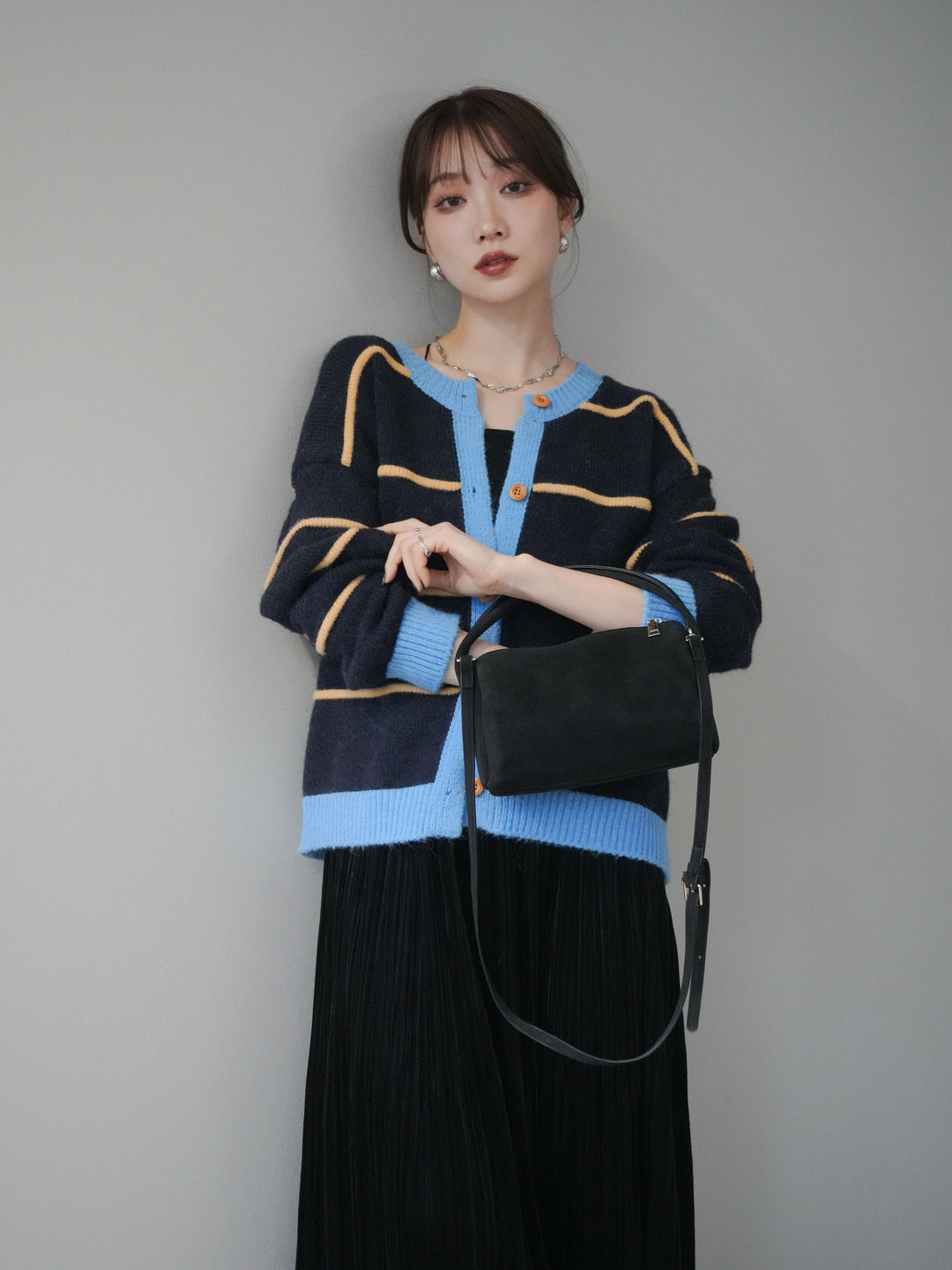 [予約]配色ボーダーニットカーディガン/navy