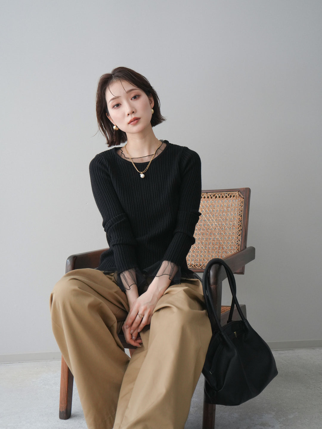 [予約]チュールレイヤードリブニットトップス/black