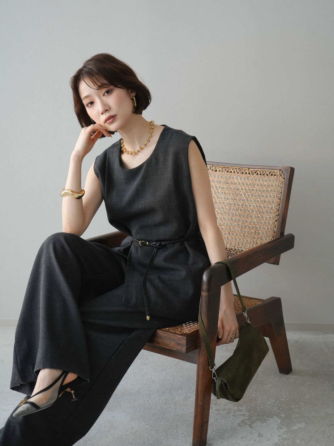 [SET]ベルト付ノースリーブトップス＆ワイドパンツSETUP