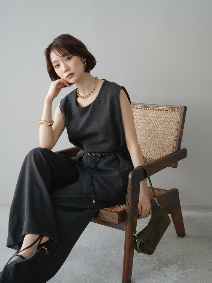 [SET]ベルト付ノースリーブトップス＆ワイドパンツSETUP