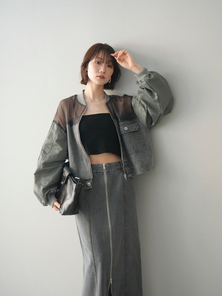 [SET]異素材デニムブルゾン+フロントジップデニムスカート(2set)