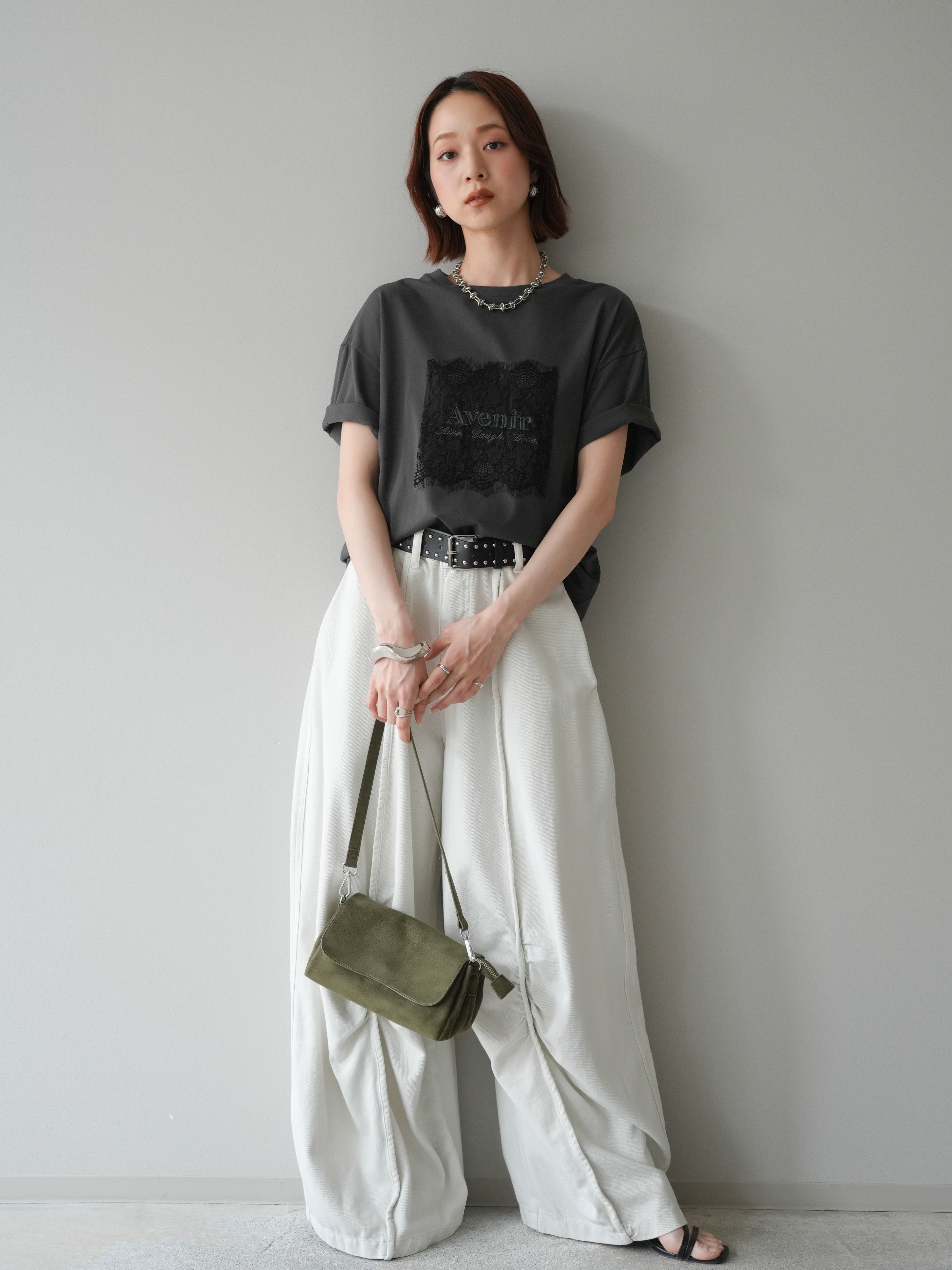 SET]レースコラージュロゴTシャツ+ベルト付センターギャザーワイド