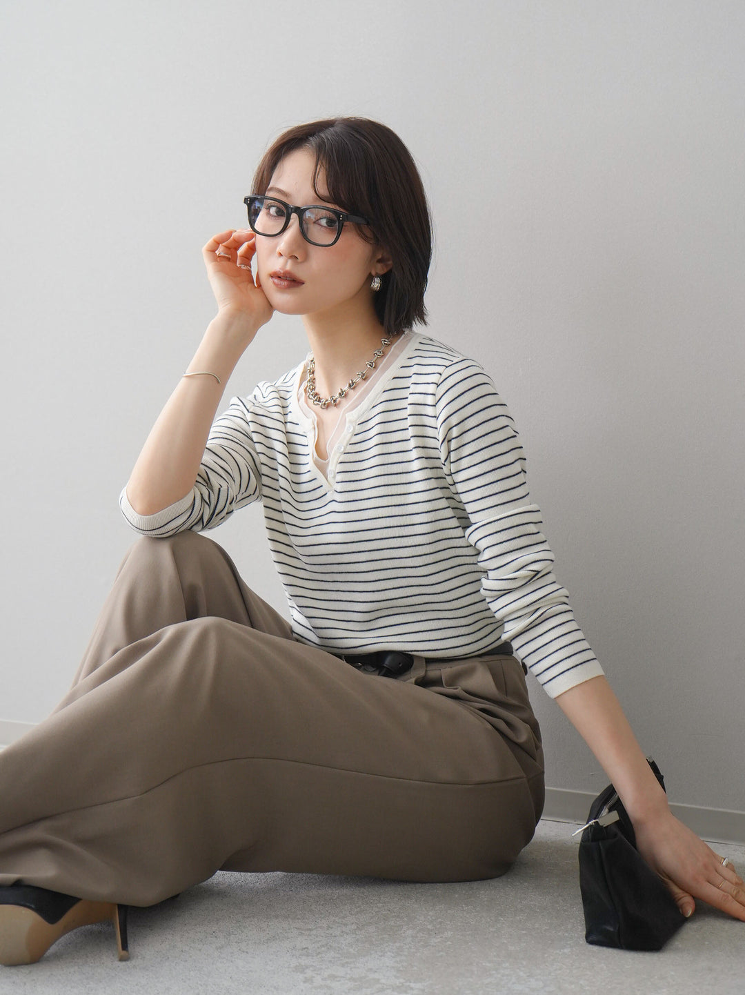 [SET]チュールレイヤードデザインボーダーニットトップス+ベルト付キーホルダーモチーフワイドパンツ(2set)