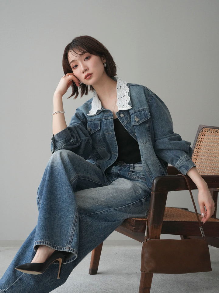 [予約]襟レースデニムショートジャケット/indigo