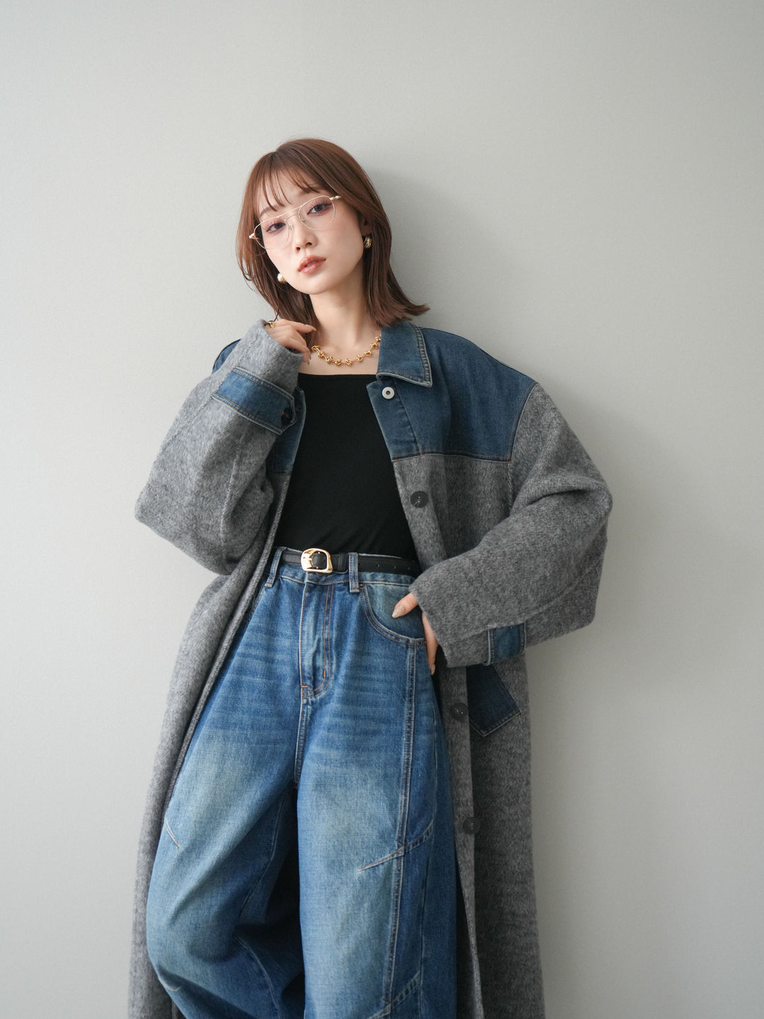 [予約]デニム切替シャギーステンカラーコート/gray